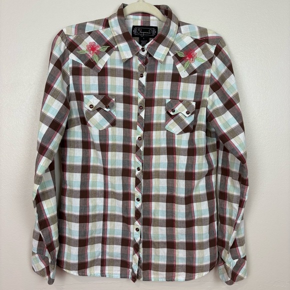 Shyanne Cotton Western Snap Front Brown Plaid Shirt Sz L Floral Embroidery Rodeo - Picture 14 of 17